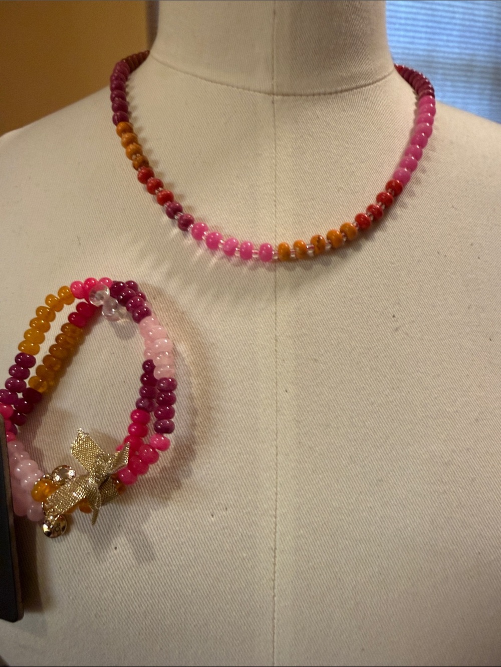 J. Crew Factory Pink, Fuchsia & Gold Bead Necklace with Matching Bracelet
